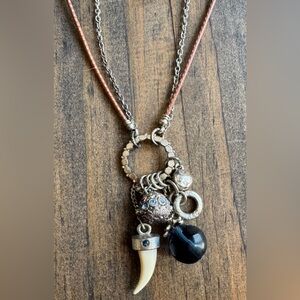 Silver-Tone Multi Charm Necklace with Black and Brown Accents